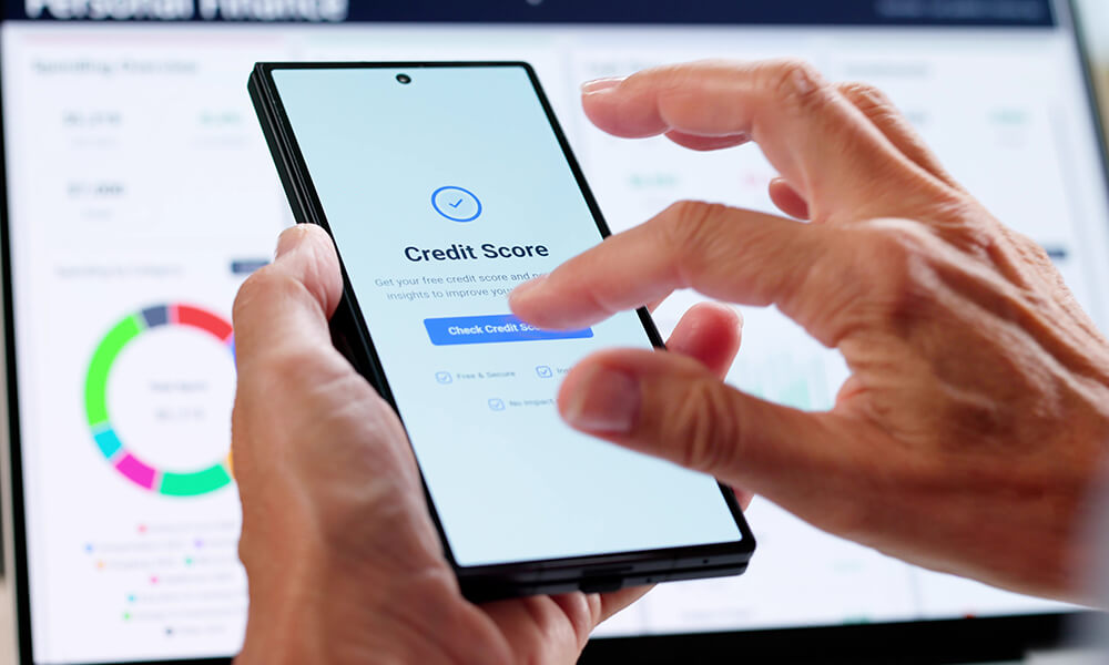Człowiek sprawdzający scoring kredytowy w telefonie - na ekranie napis "credit score"